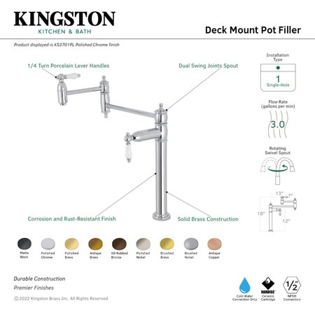 Kingston Brass Deck Mount Pot Filler, Brushed Brass KS3707PL